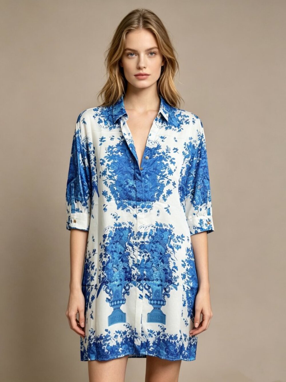 NWOT $631 FERRE Vintage Floral Print Blue Mini Shirt Dress Size IT 50/US L